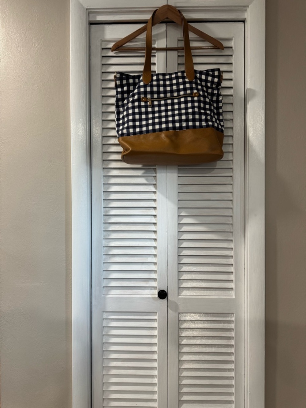 a new day Navy Gingham Tote with Tan Base